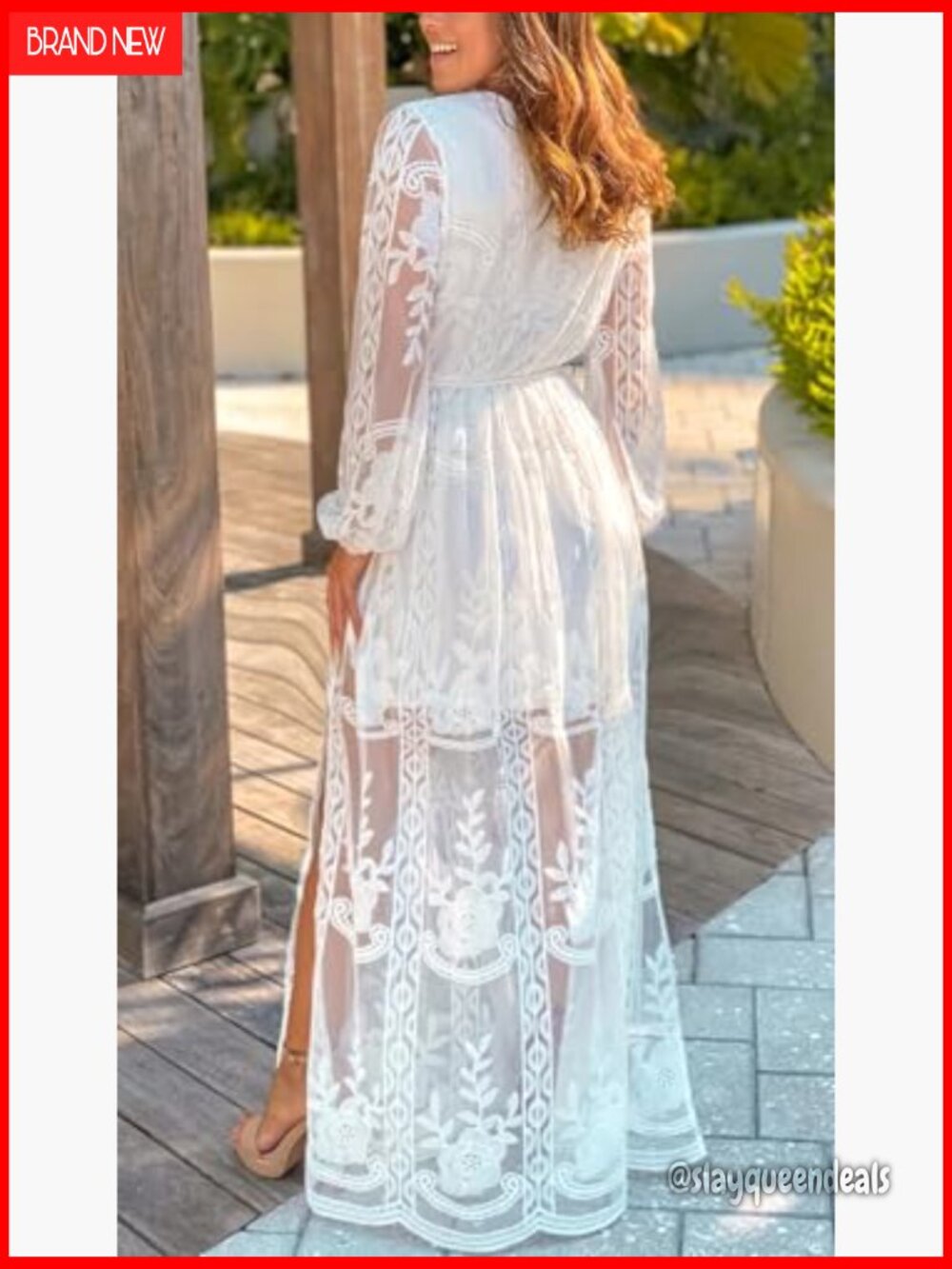 V Neck Floral Lace Maxi Wedding Dress Long Sleeve Flowy Formal Party Dress - Picture 5 of 5
